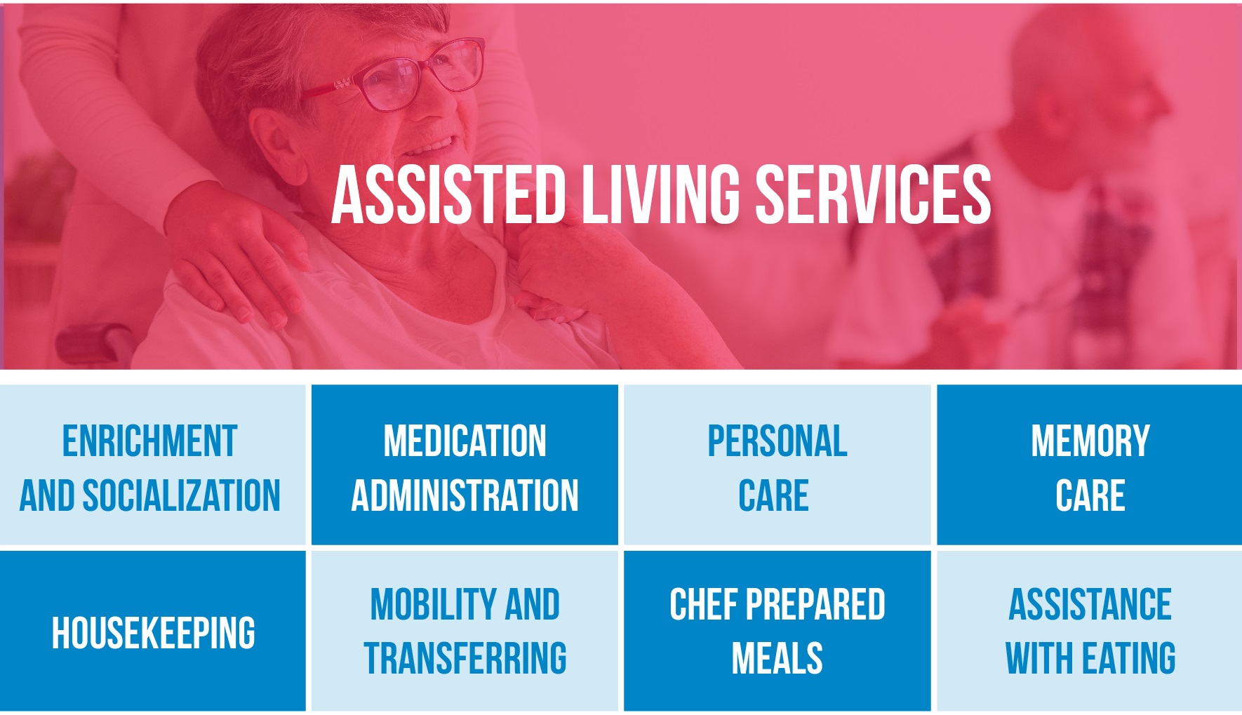 Life enrichment and socialization activities

Medication administration

Personal care (bathing, dressing, grooming, bathroom/toileting)

Memory care

Housekeeping

Mobility and transferring

Chef-prepared meals

Assistance with eating